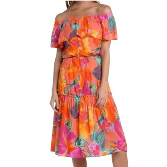 La Blanca Womens Off-The-Shoulder Floral Cover-Up Dress Hot Coral Size Large - Picture 1 of 11